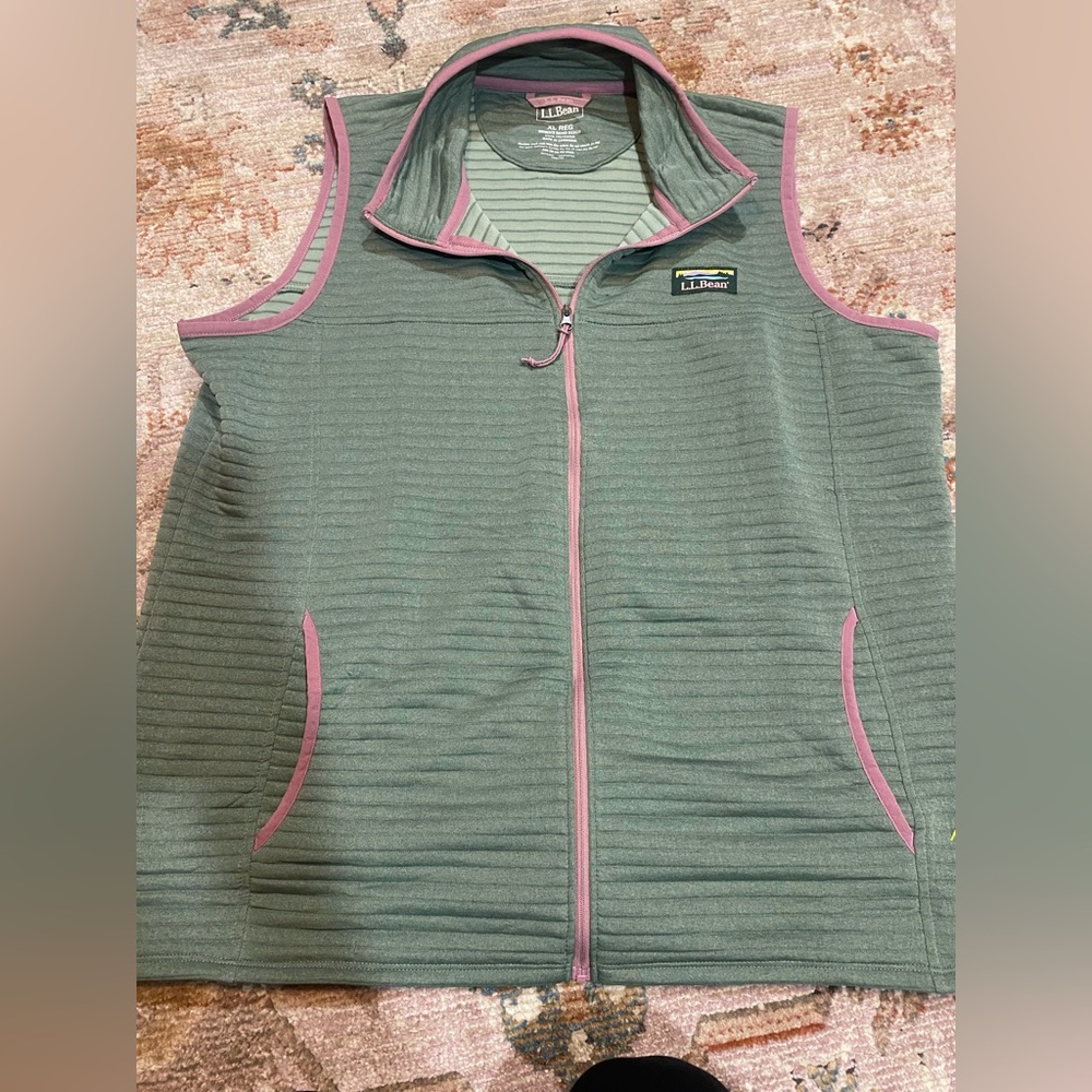 L.L. Bean Green Striped Fleece Vest with Pink Trim - Picture 2 of 4